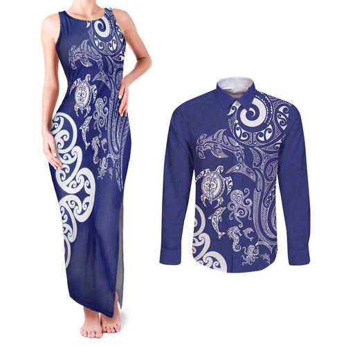 New Zealand Sea Animals with Maori Tribal Tattoo Couples Matching Tank Maxi Dress and Long Sleeve Button Shirt Blue Color