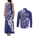 New Zealand Sea Animals with Maori Tribal Tattoo Couples Matching Tank Maxi Dress and Long Sleeve Button Shirt Blue Color