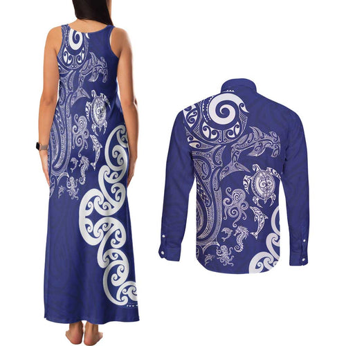 New Zealand Sea Animals with Maori Tribal Tattoo Couples Matching Tank Maxi Dress and Long Sleeve Button Shirt Blue Color