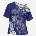 New Zealand Sea Animals with Maori Tribal Tattoo Cross Shoulder Shirt Blue Color