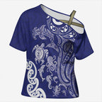 New Zealand Sea Animals with Maori Tribal Tattoo Cross Shoulder Shirt Blue Color