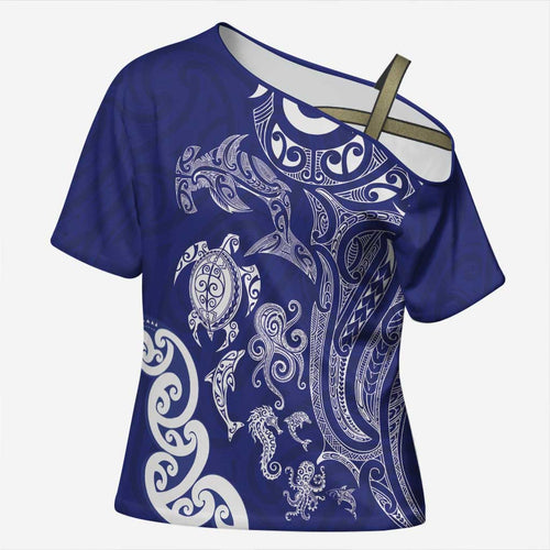 New Zealand Sea Animals with Maori Tribal Tattoo Cross Shoulder Shirt Blue Color