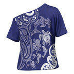 New Zealand Sea Animals with Maori Tribal Tattoo Cross Shoulder Shirt Blue Color