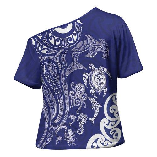 New Zealand Sea Animals with Maori Tribal Tattoo Cross Shoulder Shirt Blue Color
