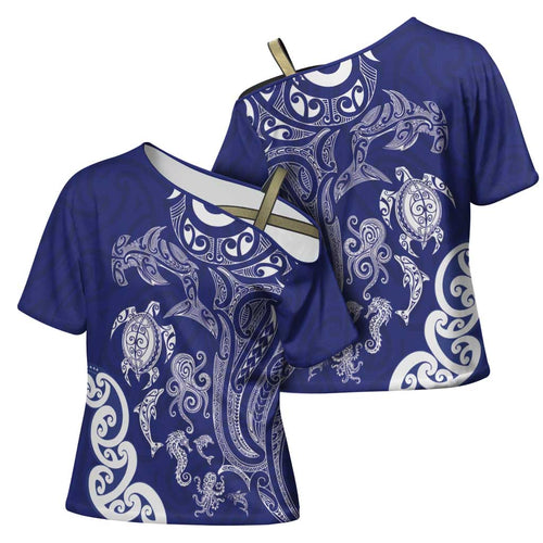New Zealand Sea Animals with Maori Tribal Tattoo Cross Shoulder Shirt Blue Color