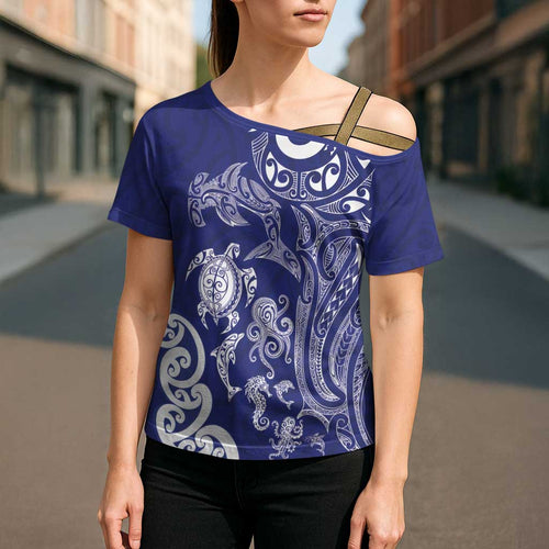 New Zealand Sea Animals with Maori Tribal Tattoo Cross Shoulder Shirt Blue Color