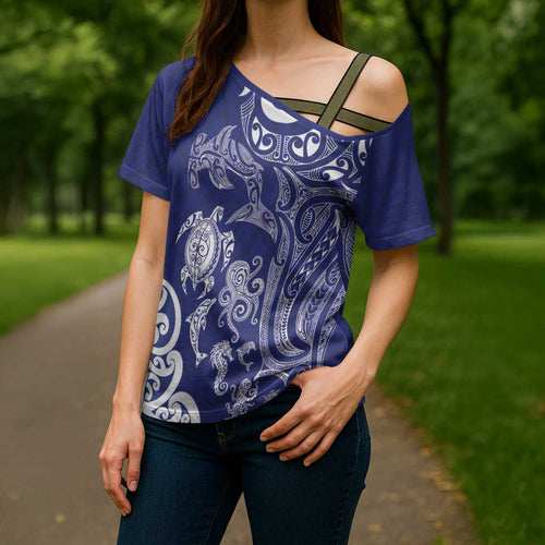 New Zealand Sea Animals with Maori Tribal Tattoo Cross Shoulder Shirt Blue Color