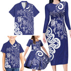 New Zealand Sea Animals with Maori Tribal Tattoo Family Matching Long Sleeve Bodycon Dress and Hawaiian Shirt Blue Color