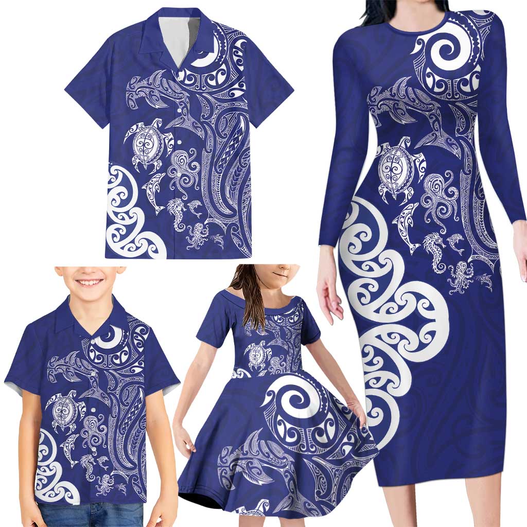 New Zealand Sea Animals with Maori Tribal Tattoo Family Matching Long Sleeve Bodycon Dress and Hawaiian Shirt Blue Color