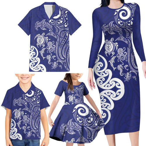 New Zealand Sea Animals with Maori Tribal Tattoo Family Matching Long Sleeve Bodycon Dress and Hawaiian Shirt Blue Color