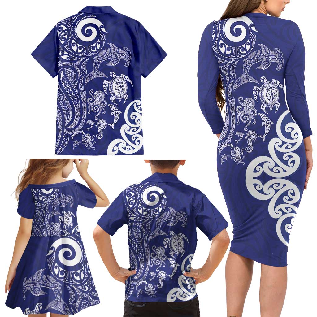New Zealand Sea Animals with Maori Tribal Tattoo Family Matching Long Sleeve Bodycon Dress and Hawaiian Shirt Blue Color