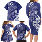 New Zealand Sea Animals with Maori Tribal Tattoo Family Matching Long Sleeve Bodycon Dress and Hawaiian Shirt Blue Color