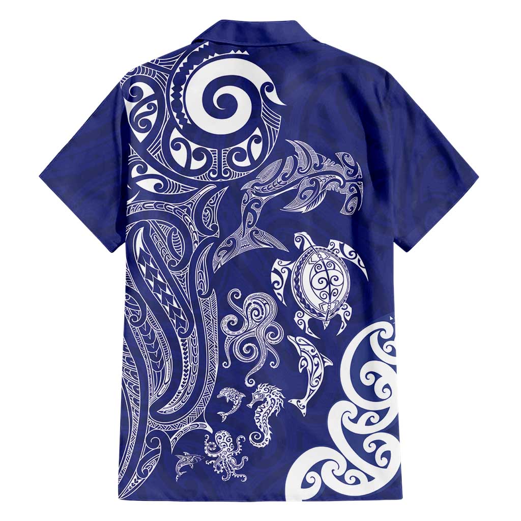 New Zealand Sea Animals with Maori Tribal Tattoo Family Matching Long Sleeve Bodycon Dress and Hawaiian Shirt Blue Color