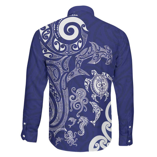 New Zealand Sea Animals with Maori Tribal Tattoo Family Matching Long Sleeve Bodycon Dress and Hawaiian Shirt Blue Color