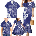 New Zealand Sea Animals with Maori Tribal Tattoo Family Matching Mermaid Dress and Hawaiian Shirt Blue Color