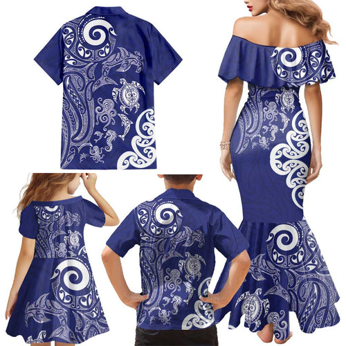 New Zealand Sea Animals with Maori Tribal Tattoo Family Matching Mermaid Dress and Hawaiian Shirt Blue Color