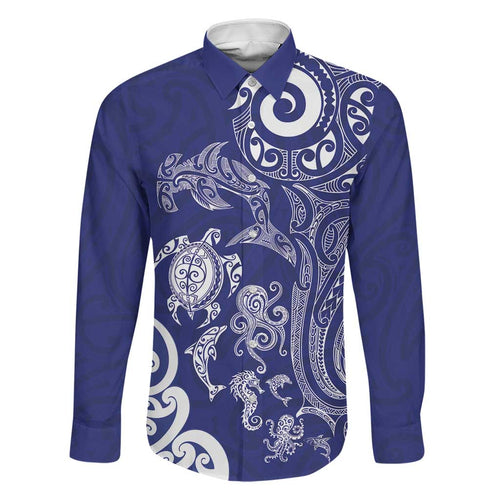 New Zealand Sea Animals with Maori Tribal Tattoo Family Matching Mermaid Dress and Hawaiian Shirt Blue Color