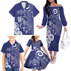 New Zealand Sea Animals with Maori Tribal Tattoo Family Matching Off The Shoulder Long Sleeve Dress and Hawaiian Shirt Blue Color