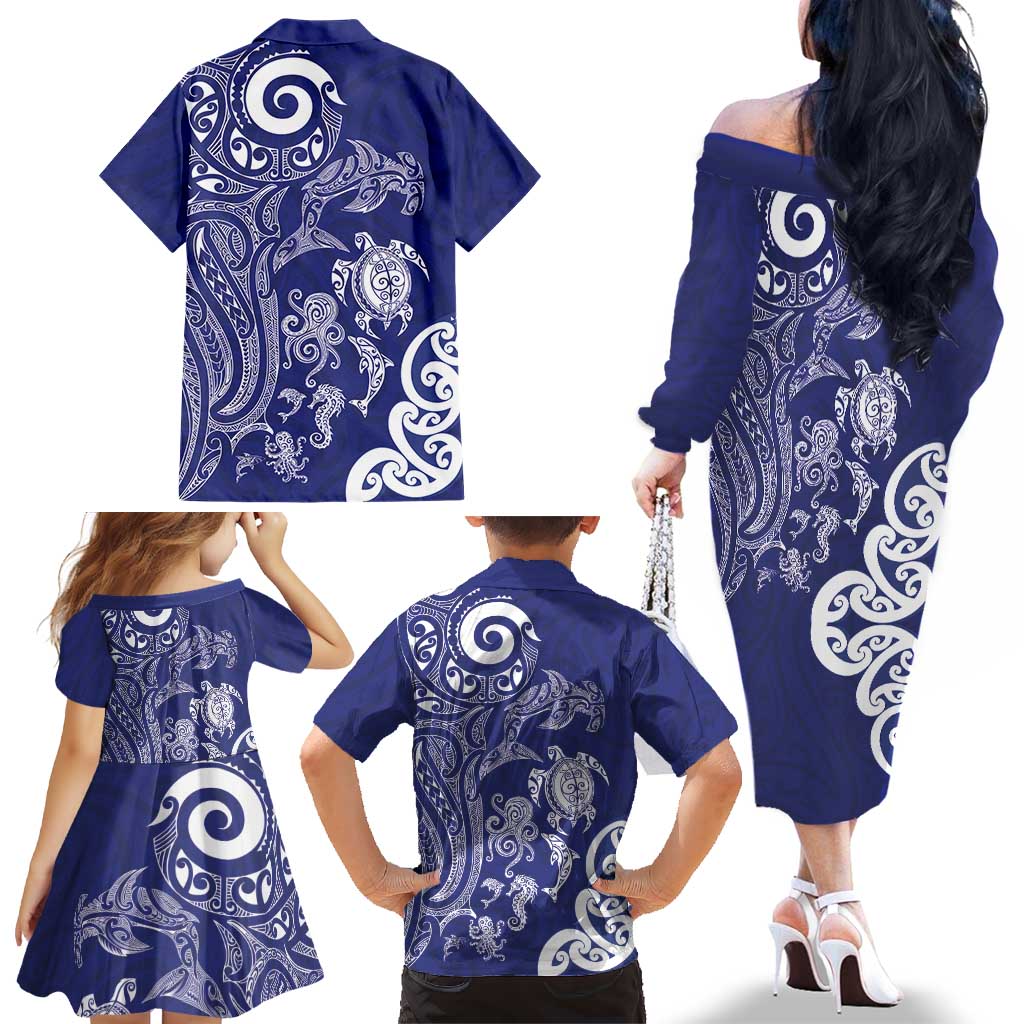 New Zealand Sea Animals with Maori Tribal Tattoo Family Matching Off The Shoulder Long Sleeve Dress and Hawaiian Shirt Blue Color