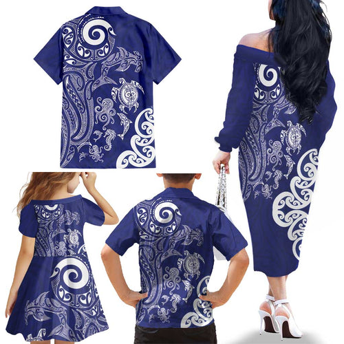 New Zealand Sea Animals with Maori Tribal Tattoo Family Matching Off The Shoulder Long Sleeve Dress and Hawaiian Shirt Blue Color