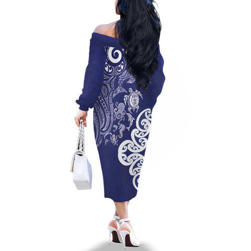 New Zealand Sea Animals with Maori Tribal Tattoo Family Matching Off The Shoulder Long Sleeve Dress and Hawaiian Shirt Blue Color