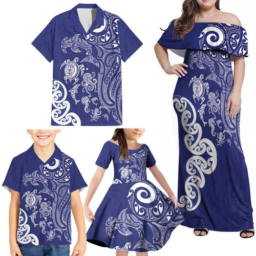 New Zealand Sea Animals with Maori Tribal Tattoo Family Matching Off Shoulder Maxi Dress and Hawaiian Shirt Blue Color