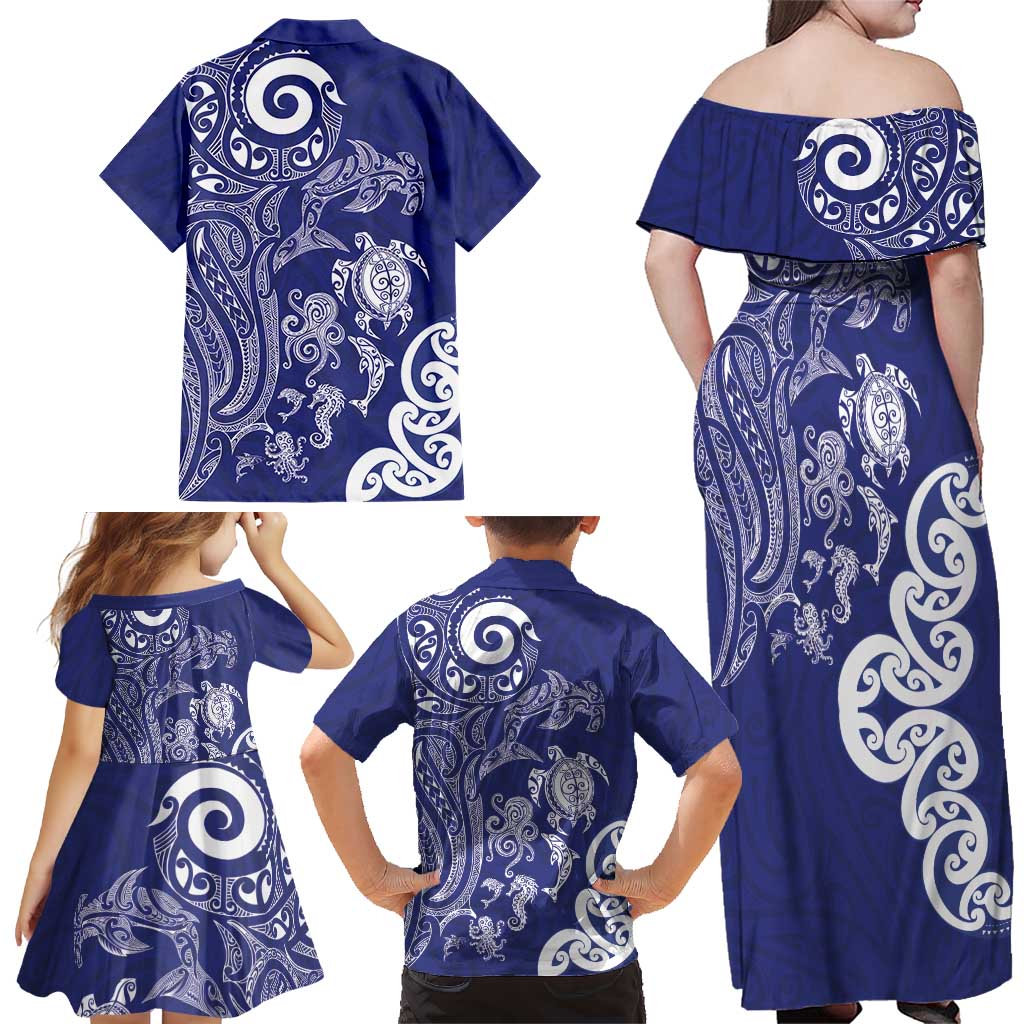 New Zealand Sea Animals with Maori Tribal Tattoo Family Matching Off Shoulder Maxi Dress and Hawaiian Shirt Blue Color