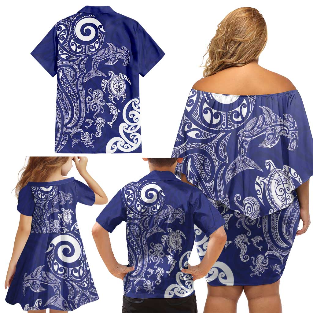 New Zealand Sea Animals with Maori Tribal Tattoo Family Matching Off Shoulder Short Dress and Hawaiian Shirt Blue Color