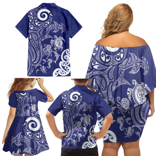 New Zealand Sea Animals with Maori Tribal Tattoo Family Matching Off Shoulder Short Dress and Hawaiian Shirt Blue Color