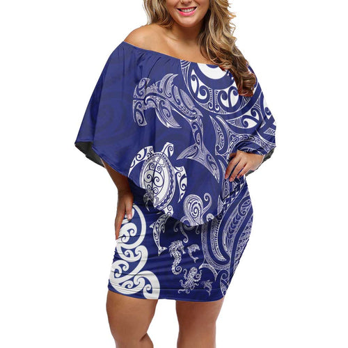 New Zealand Sea Animals with Maori Tribal Tattoo Family Matching Off Shoulder Short Dress and Hawaiian Shirt Blue Color