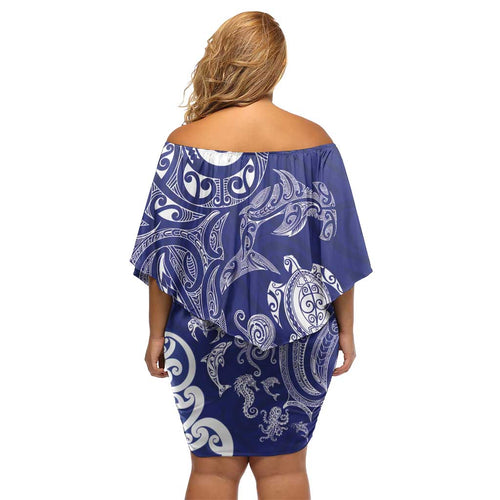New Zealand Sea Animals with Maori Tribal Tattoo Family Matching Off Shoulder Short Dress and Hawaiian Shirt Blue Color