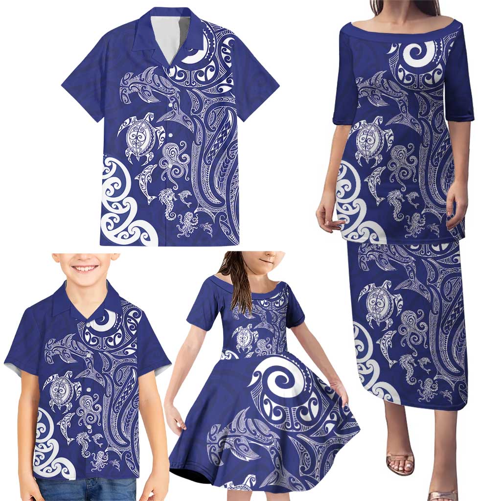 New Zealand Sea Animals with Maori Tribal Tattoo Family Matching Puletasi and Hawaiian Shirt Blue Color