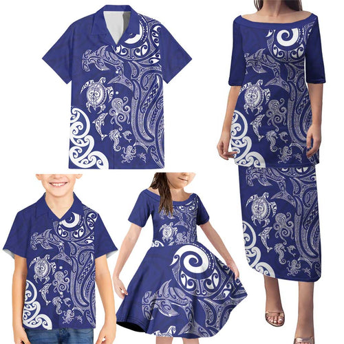 New Zealand Sea Animals with Maori Tribal Tattoo Family Matching Puletasi and Hawaiian Shirt Blue Color