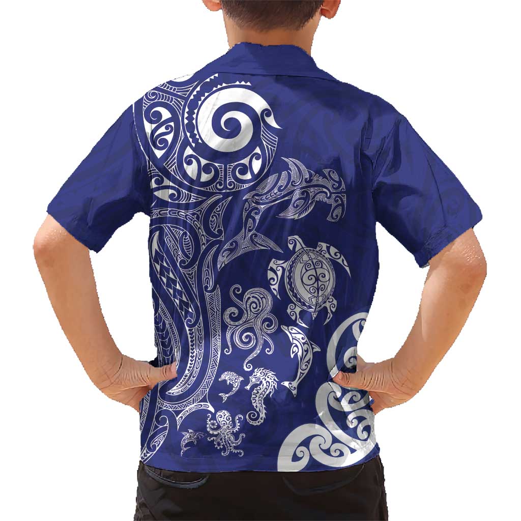 New Zealand Sea Animals with Maori Tribal Tattoo Family Matching Puletasi and Hawaiian Shirt Blue Color