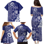 New Zealand Sea Animals with Maori Tribal Tattoo Family Matching Puletasi and Hawaiian Shirt Blue Color