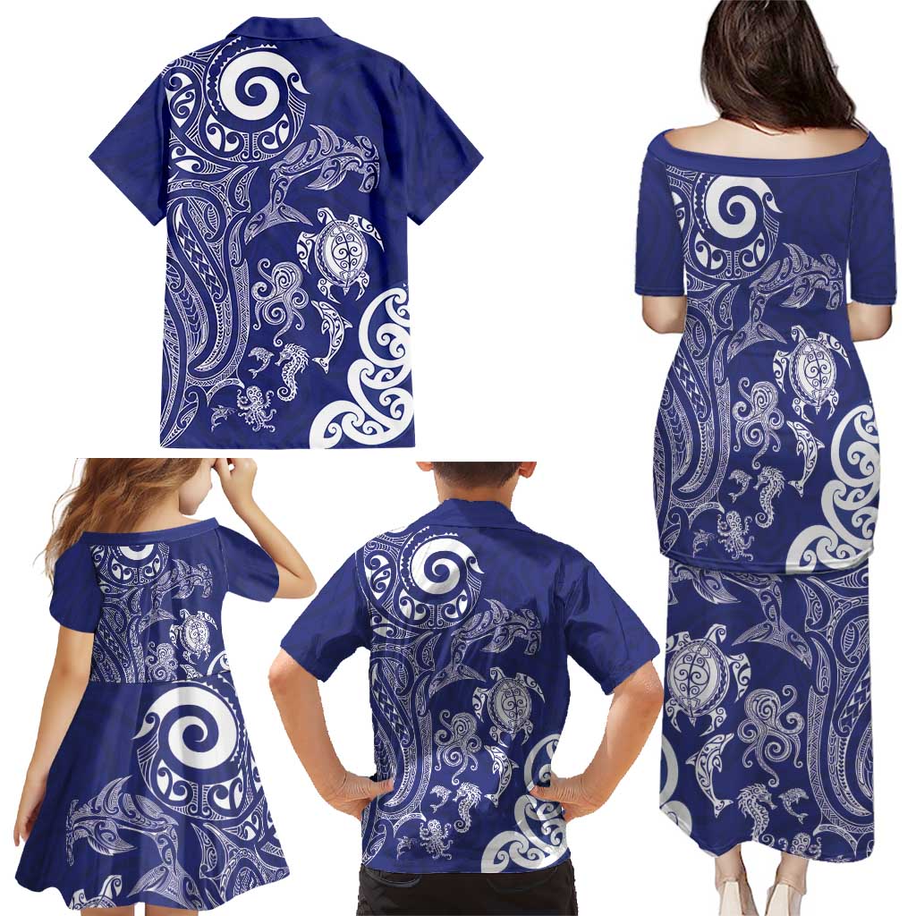 New Zealand Sea Animals with Maori Tribal Tattoo Family Matching Puletasi and Hawaiian Shirt Blue Color