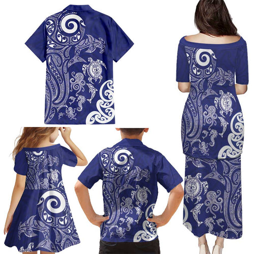 New Zealand Sea Animals with Maori Tribal Tattoo Family Matching Puletasi and Hawaiian Shirt Blue Color