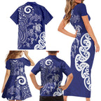 New Zealand Sea Animals with Maori Tribal Tattoo Family Matching Short Sleeve Bodycon Dress and Hawaiian Shirt Blue Color