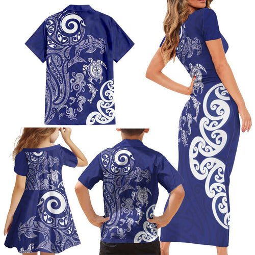 New Zealand Sea Animals with Maori Tribal Tattoo Family Matching Short Sleeve Bodycon Dress and Hawaiian Shirt Blue Color