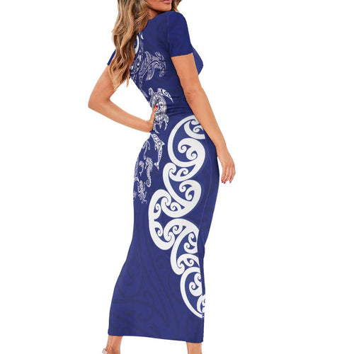 New Zealand Sea Animals with Maori Tribal Tattoo Family Matching Short Sleeve Bodycon Dress and Hawaiian Shirt Blue Color