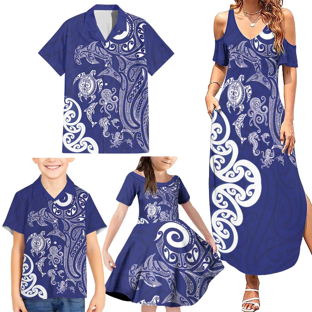 New Zealand Sea Animals with Maori Tribal Tattoo Family Matching Summer Maxi Dress and Hawaiian Shirt Blue Color