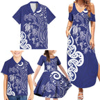 New Zealand Sea Animals with Maori Tribal Tattoo Family Matching Summer Maxi Dress and Hawaiian Shirt Blue Color