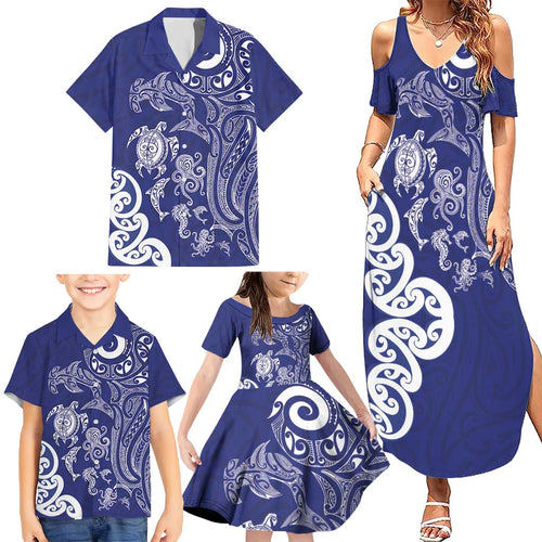 New Zealand Sea Animals with Maori Tribal Tattoo Family Matching Summer Maxi Dress and Hawaiian Shirt Blue Color