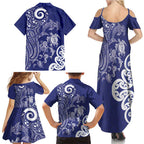 New Zealand Sea Animals with Maori Tribal Tattoo Family Matching Summer Maxi Dress and Hawaiian Shirt Blue Color