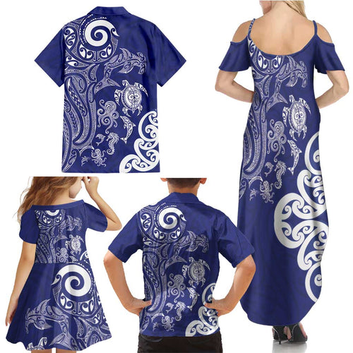 New Zealand Sea Animals with Maori Tribal Tattoo Family Matching Summer Maxi Dress and Hawaiian Shirt Blue Color