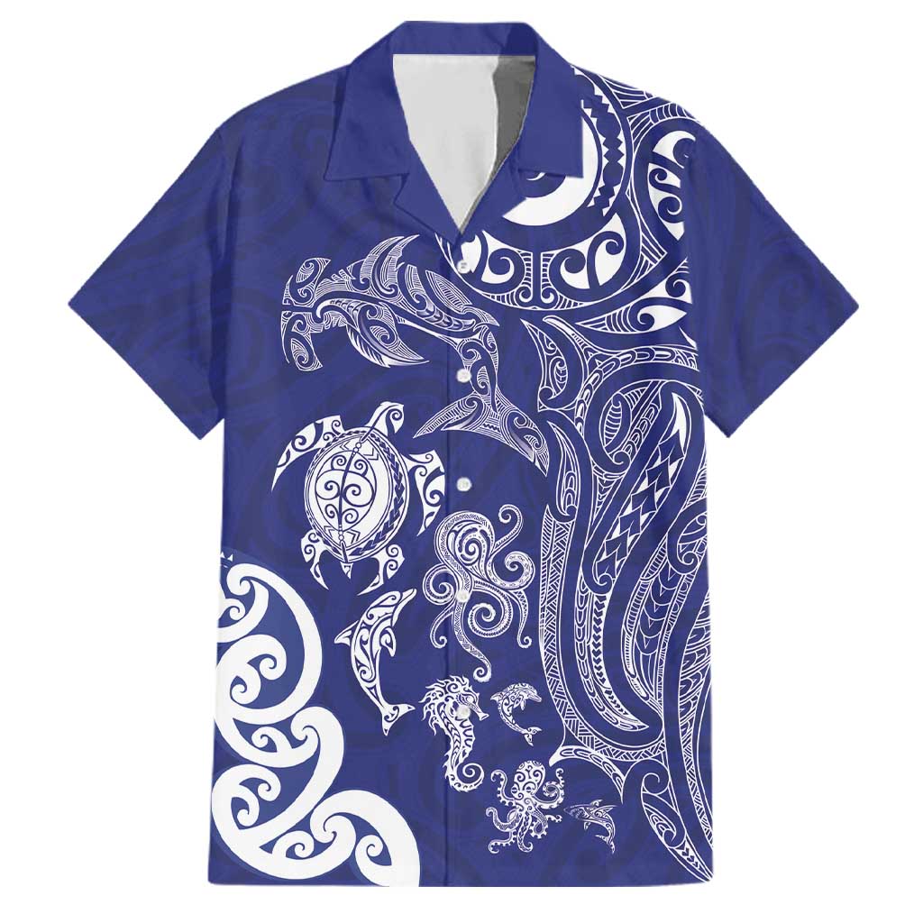 New Zealand Sea Animals with Maori Tribal Tattoo Family Matching Summer Maxi Dress and Hawaiian Shirt Blue Color