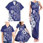 New Zealand Sea Animals with Maori Tribal Tattoo Family Matching Tank Maxi Dress and Hawaiian Shirt Blue Color