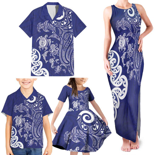 New Zealand Sea Animals with Maori Tribal Tattoo Family Matching Tank Maxi Dress and Hawaiian Shirt Blue Color