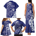 New Zealand Sea Animals with Maori Tribal Tattoo Family Matching Tank Maxi Dress and Hawaiian Shirt Blue Color