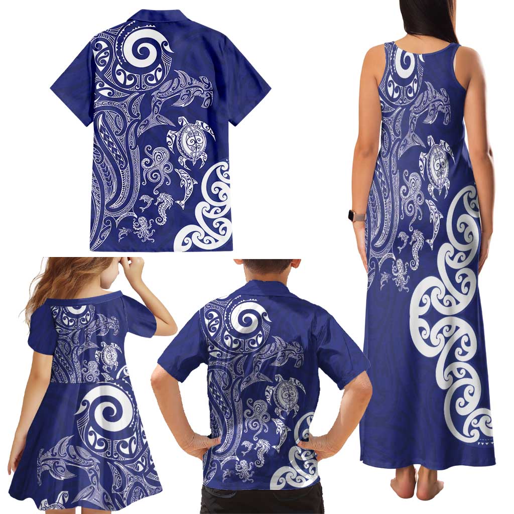 New Zealand Sea Animals with Maori Tribal Tattoo Family Matching Tank Maxi Dress and Hawaiian Shirt Blue Color